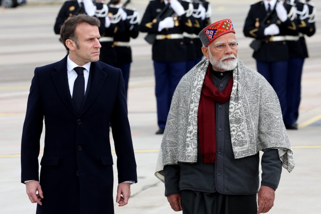 Emmanuel Macron and Narendra Modi. French President Emmanuel Macron and Indian Prime Minister Narendra Modi attend a departure ceremony at Marseille Provence airport in Marignane as part of a visit in Marseille, Southern France, February 12, 2025. Le President Emmanuel Macron et le Premier ministre indien Narendra Modi assistent a une ceremonie de depart a l aeroport Marseille Provence a Marignane dans le cadre d une visite a Marseille a Marignane mercredi 11 fevrier 2025