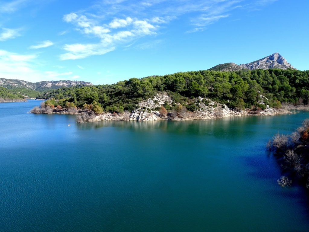 Bimont dam lake and Saint Victoire Mount near Aix en Provence. Cezanne landscape in south of France